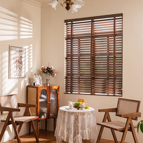 Premium 50mm basswood Venetian blinds with real wood slats in an interior setting - image 1