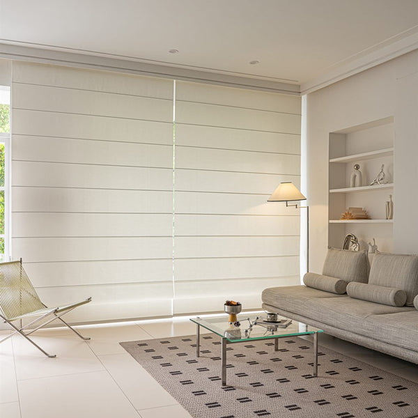 Premium custom Roman blinds with linen look fabric in a modern interior - image 1